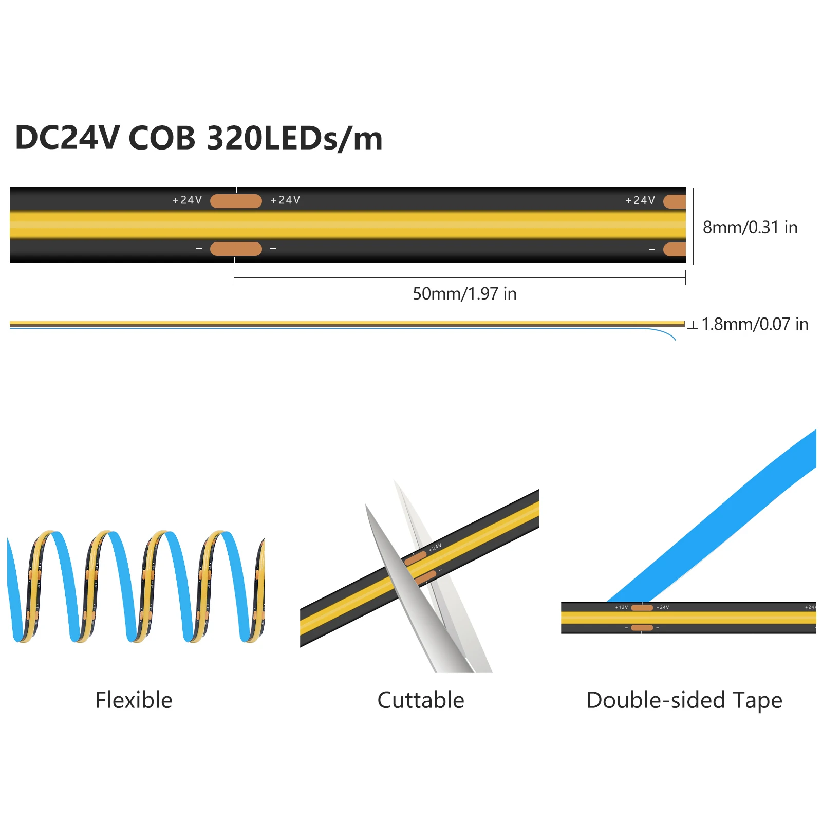 DC24V COB LED قطاع أسود PCB IP20 320 المصابيح/م إضاءة خطية عالية الكثافة 8 مللي متر PCB RA90 شريط إضاءة مرن لخزانة غرفة المنزل #5