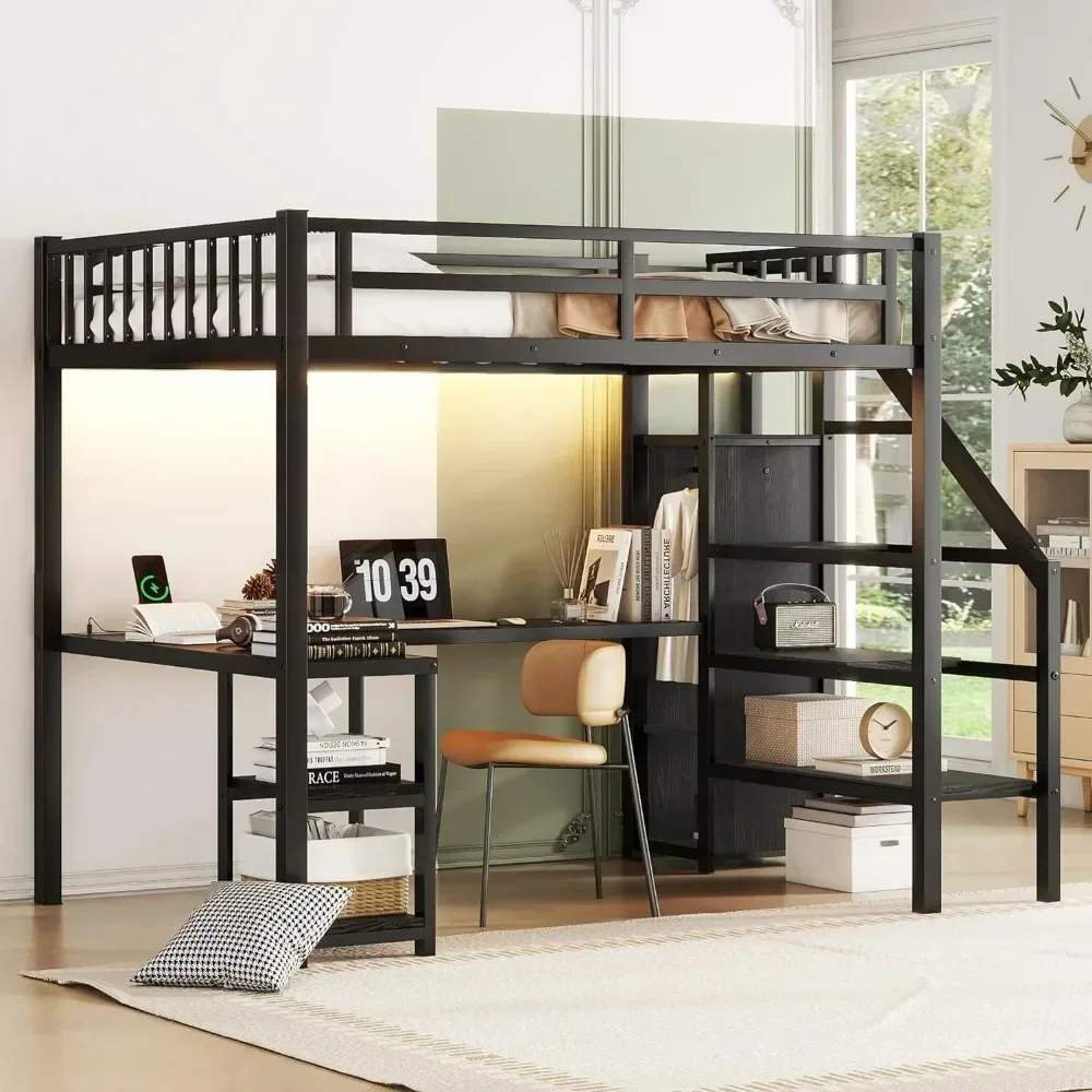 Loft Bed with L Shaped Desk, Wardrobe, Storage Staircase, Heavy Duty Metal Loft Bed Frame W/USB Ports & LED Lights