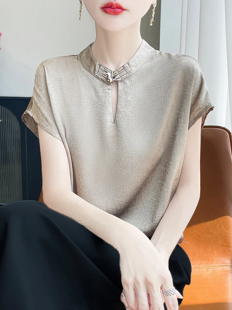 

New Chinese Sle National Trend Button ort Sve Women's Tee-dimensional Relief oulder-connected Flng Sve Summer...