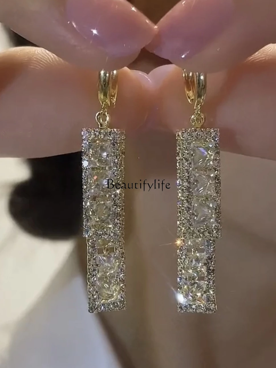 Light Luxury Temperament Geometric Zircon Tassel Earrings High Sense