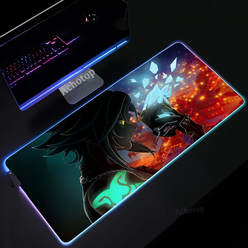 Genshin impacto anime mouse pad pc gamer rgb computador portátil led teclado tapete do rato xxl luminoso grande mousepad teclado tapete de mesa