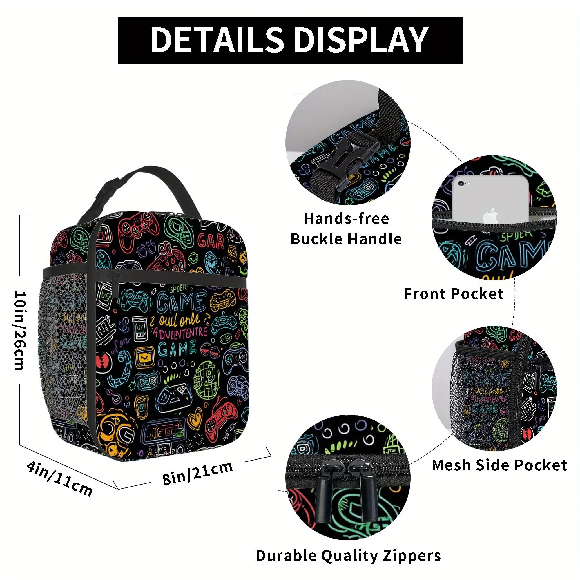 1pc Video Game Doodles Printed Thermal Insulated Bag – Reusable, Portable & Refrigerated for Home, Restaurant, or Office Use (Un