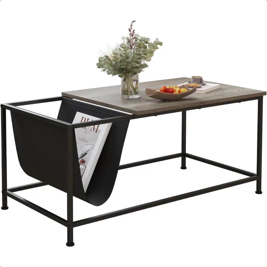 

Grey Oak Rec Wood and Metal Coffee Table with Storage Shelf for Small Living Rooms with Pocket