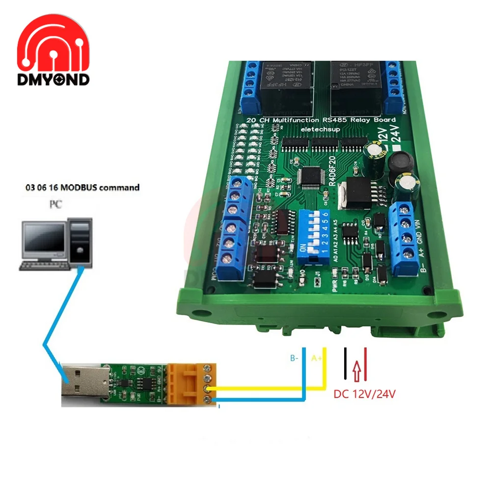 Relay Module 20ch RS485 Digital Analog Switch IO Module Modbus RTU PLC UART Expanding Board 4-20MA Current 10V Voltage Reading