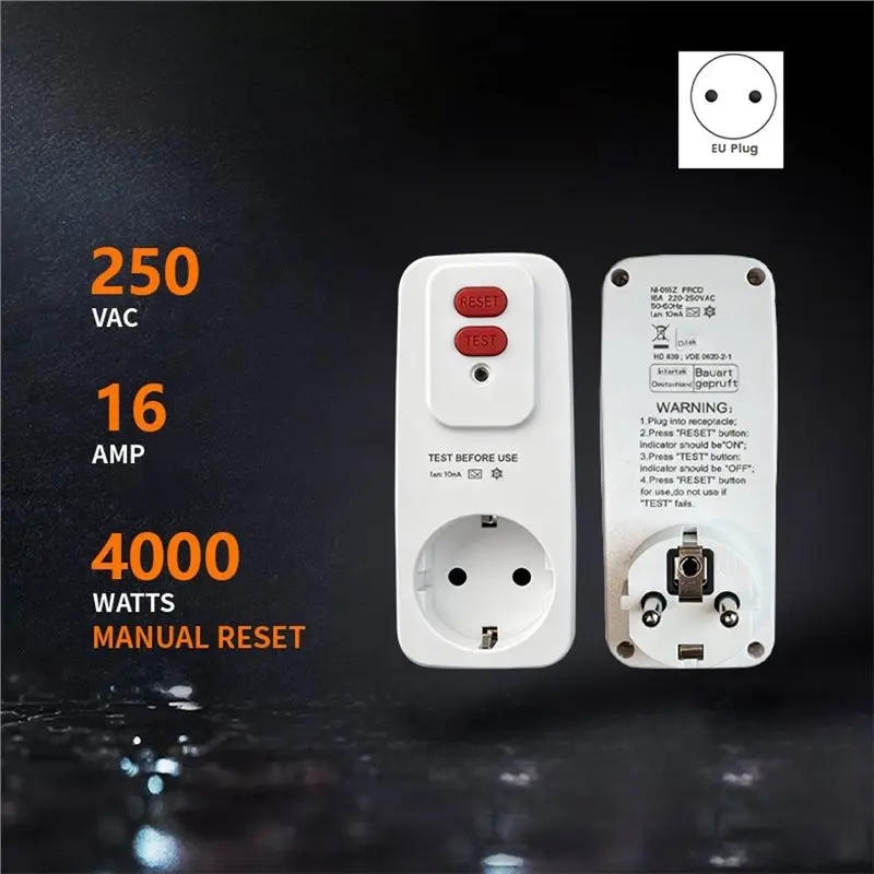 RCD Replacement Manual Reset 16 Amp 3 Wire Grounded Leakage Protection Converter Plug, EU Plug Socket, German Standard
