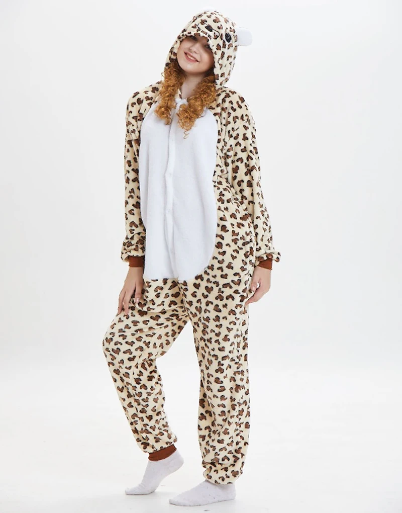 Cute Cartoon Kigurumi Bear Pajamas Long Sleeve Hooded Onesie Adult Women Animal Halloween Christmas Jumspuit Leopard Sleepwear