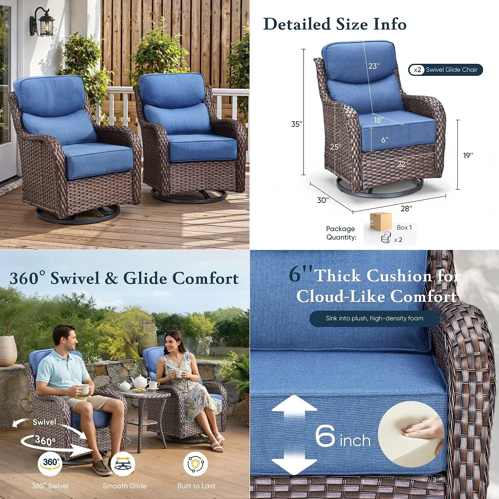 

Luxury 6 Thick Cushioned Outdoor Swivel Rocker Patio Chairs of 2, High Back Wicker Patio Furniture Set with Ergonomic Zone Back