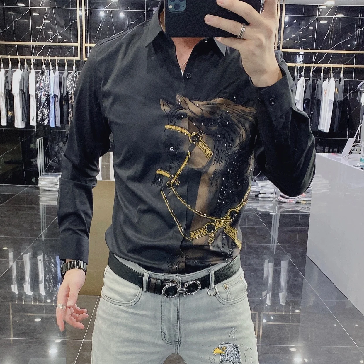 Black Animal Horse Shirt Social Camisa Hombre Rhinestones Shirts Mens Luxury Top Diamond Men\'s Shirt Long Mouw Slim Casual Shirt