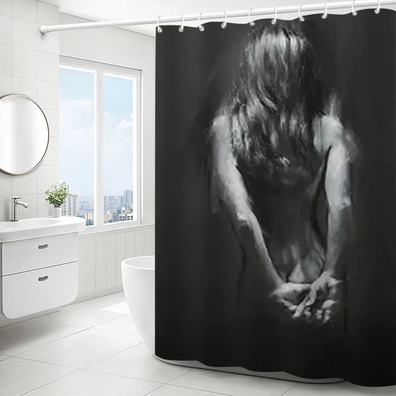 

"Artistic Female Figure Shower Curtain – Black and White Sketch Design, Minimalist Body Portrait, Dramatic Shadow Effect,