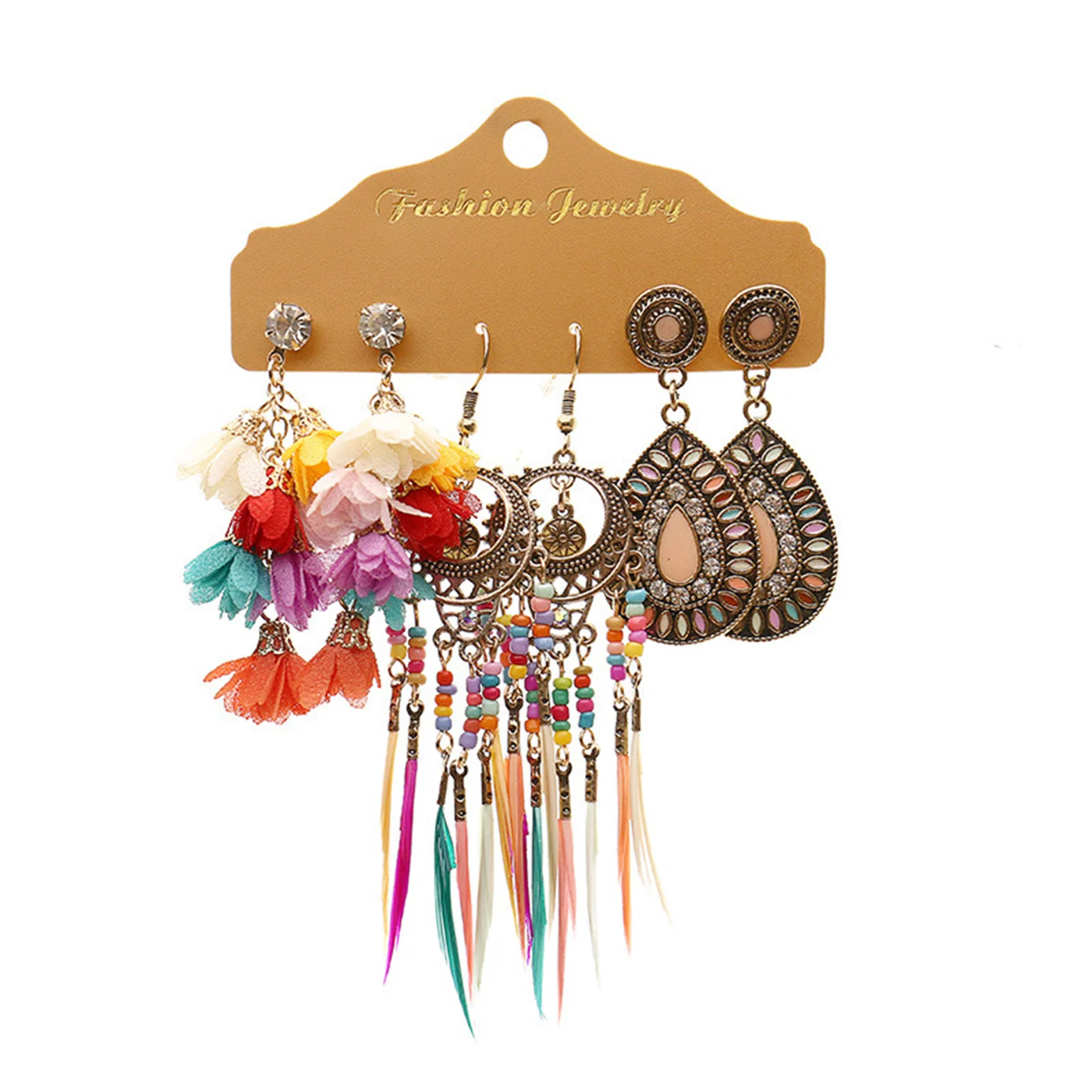 6pcs Retro Bohemian Style Women\'s Flower Tassel Geometric Women\'s Earring Sets, Suitable For Vacation Accessories