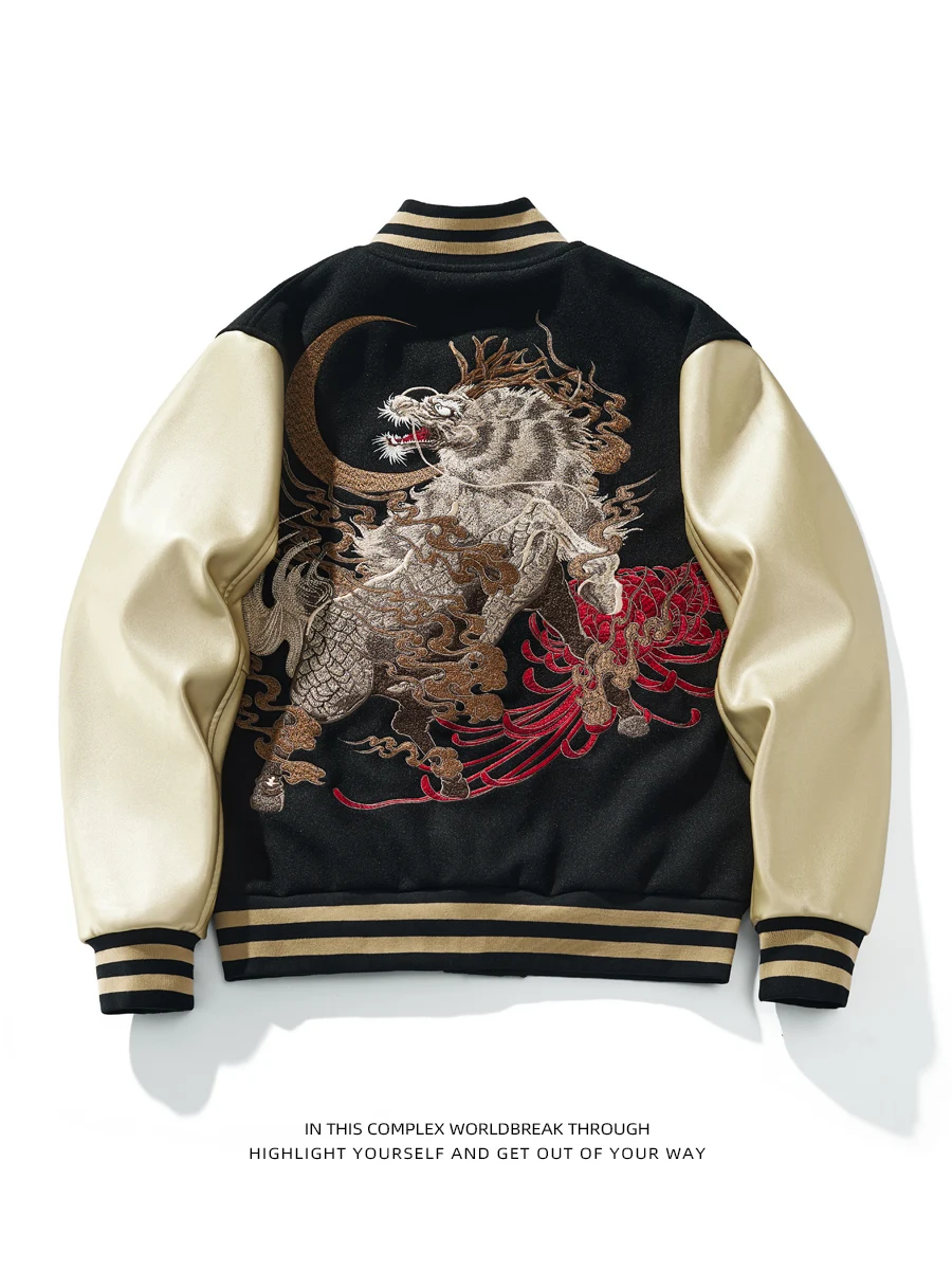 

Heavyweight Embroidered Baseball Jaet Spring Autumn Winter Outerwear Pu Leather Sve Mythical Beast Trendy Brand