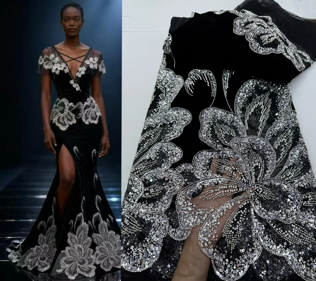 

Luxury Velvet Lace Fabric 5 Yars High Quality 2026 Black Beaded Lace Fabric Fashion Sequin African Laces Fabric For Women