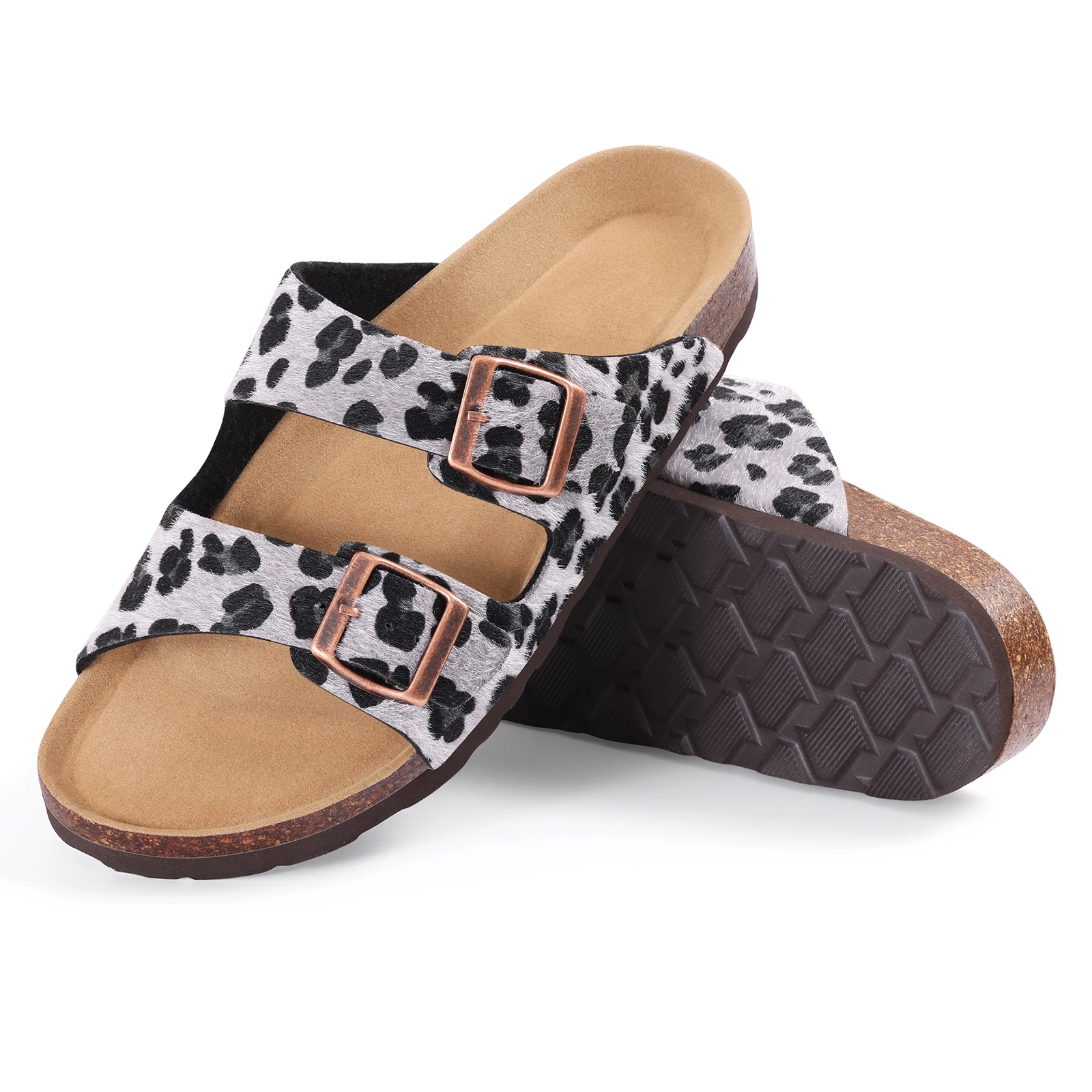 Litfun Non-slip Women's Cork Slippers With Arch Support Cork Insole Beach Slides Leopard Designed Sandals With Adjustable Buckle