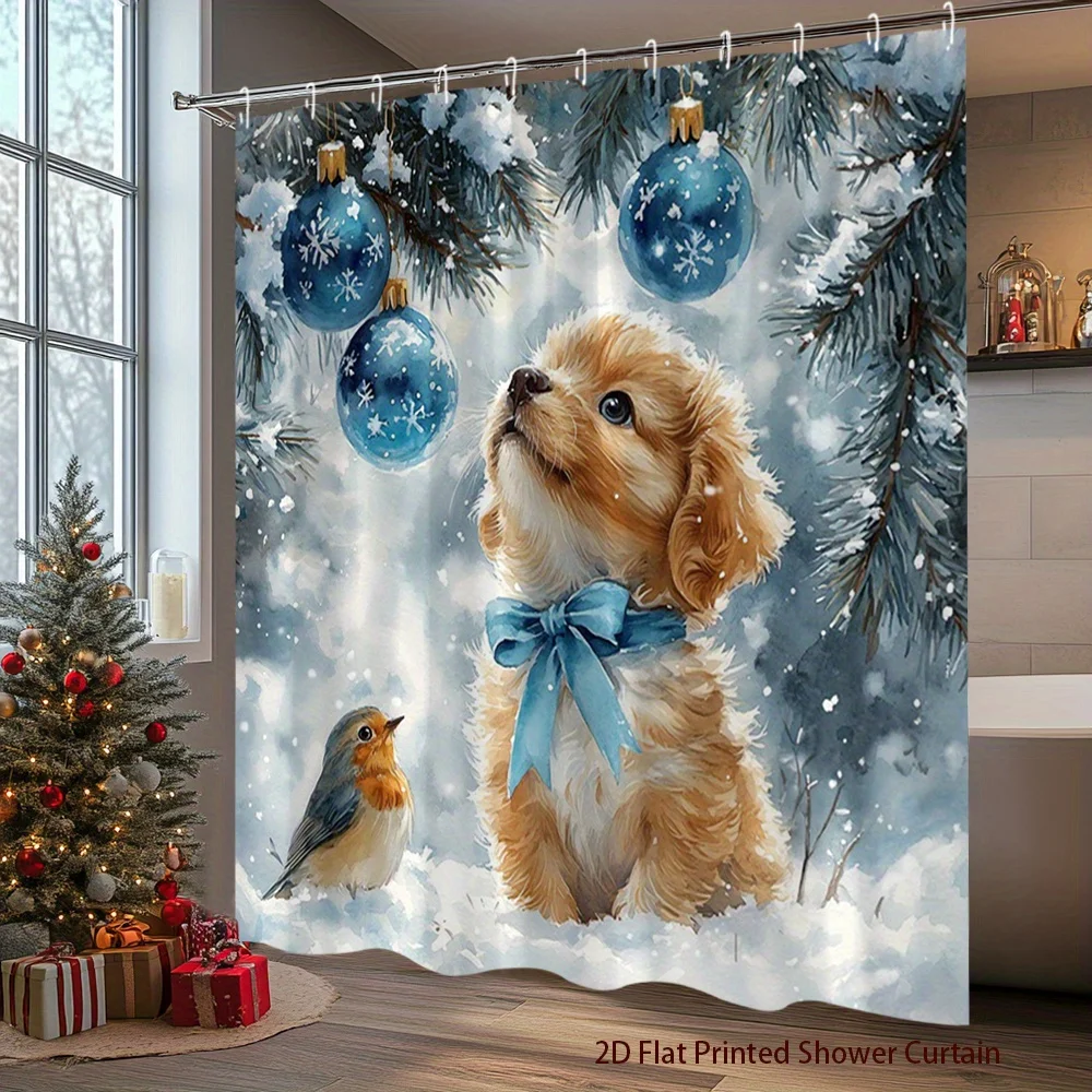 1pc 2D Flat Shower Curtain, Cute Puppy Bird Winter Wonderland Blue Bow Snowflake Printed Shower Curtain, Decor for Bathroom