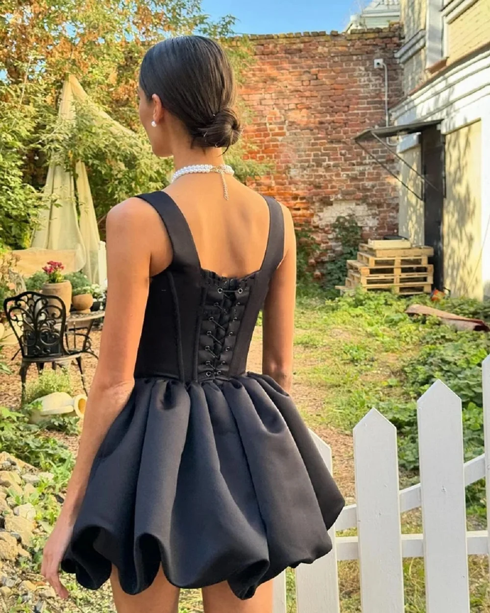 Bafftafe Black Satin Above Knee Mini Formal Prom Dresses Customized Square Corset Back Girl Homecoming Dress Women Party Gowns