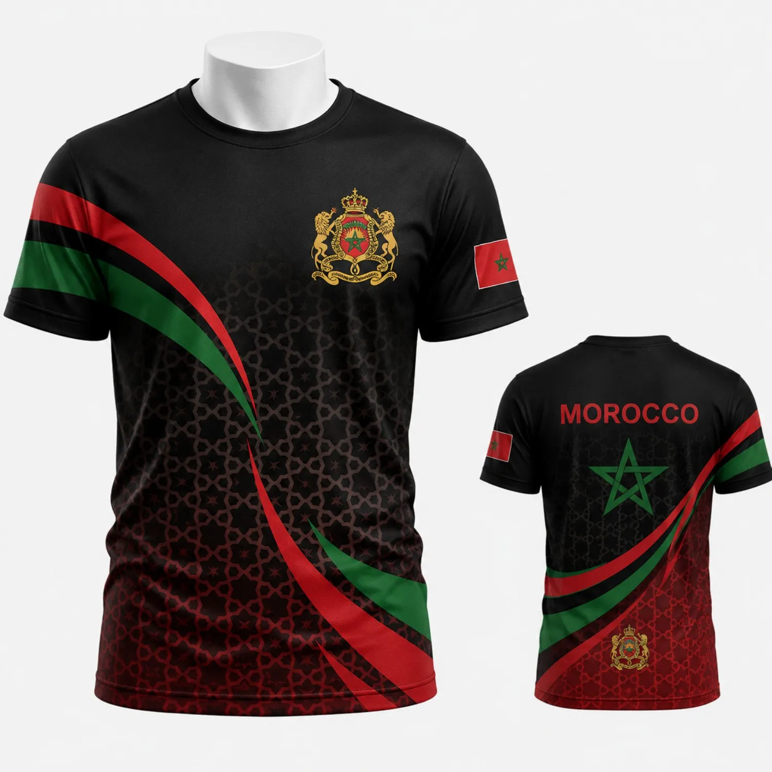 Morocco Mens Soccer Graphic T Shirt Black Red Green Sweep Print Short Sleeve Fan Streetwear with Crest Front and Star Back Style