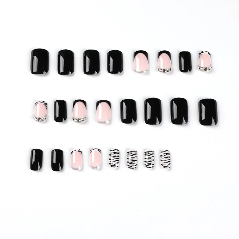 

24pcs Black French Stripe Rhinestone Nail Piece Removable Premium Nail Full Cover Press on Nails DIY Detachable Manicure Nail