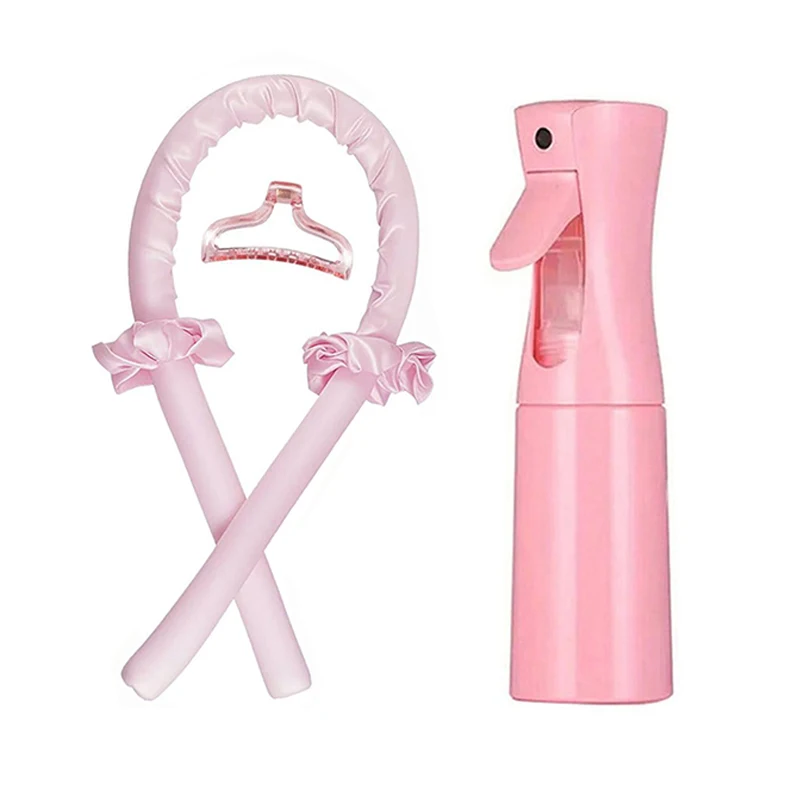 Women Satin Overnight No Heat Hair Curling Set 5Pcs, Heatless Curling Rod with Spray Bottle Hair Clips Hair Ties for Long Hair