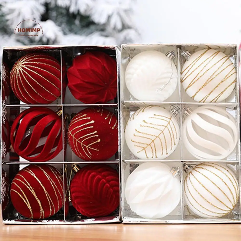 

6pcs 8cm Flocking Christmas Balls Set White Red Green Cartoon Christmas Pendant Ball Plastic Festival