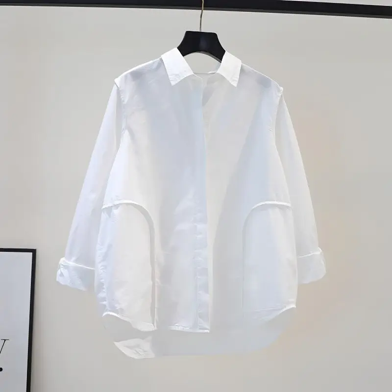 Women\'s Three-Dimensional Edging White Shirt, Loose Long Sleeved Shirt, Fashionable Lapel Top, Spring and Autumn, New