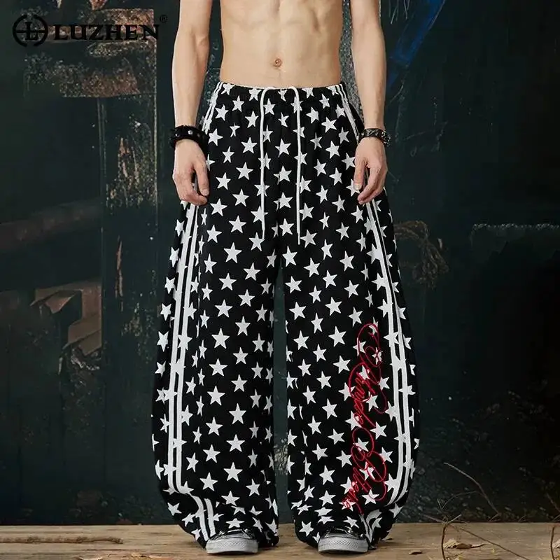 

LUZHEN 2026 New Pentagram Pattern Stripe Printed Loose Casual Pants Men Fashion Handsome Elastic Waist Wide Leg Trousers JY6630