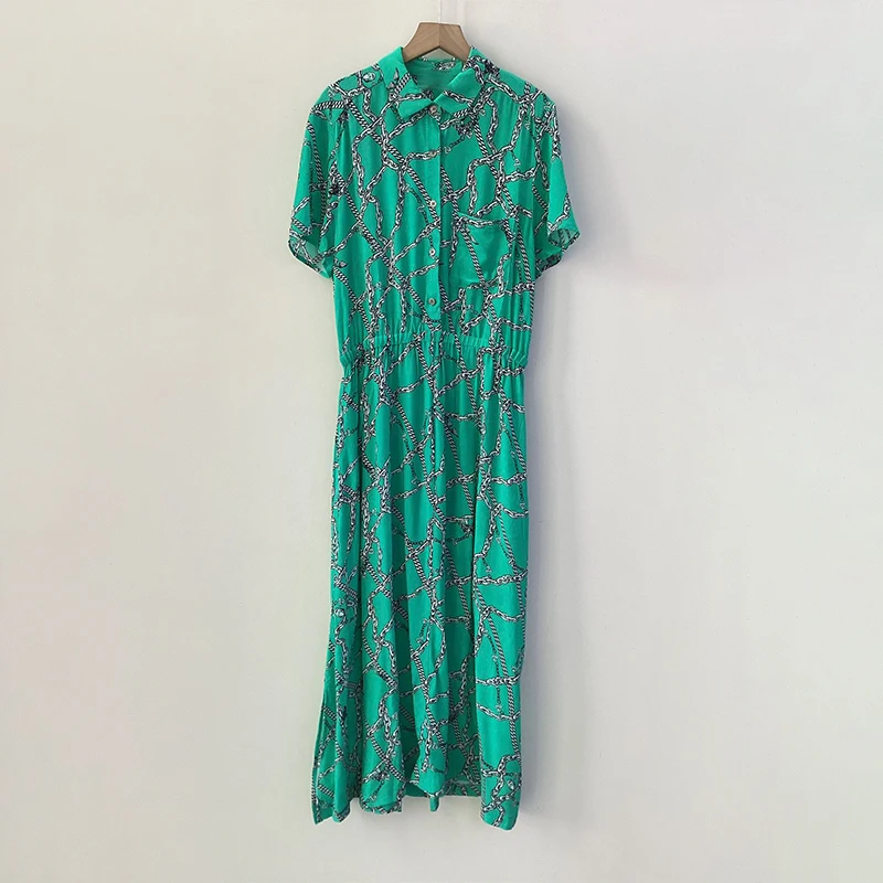 

Zadig Long Dress Female Fashion Spring Green Lapel Long Robe Women Casual Elasticized Waist Pocket Summer Short Sleeve Dresses