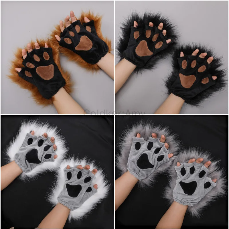 

Halloween Wolf Paw Costume for Adult 1 Pairs Plush Gloves Cosplay Fingerless Bear Furry Paw
