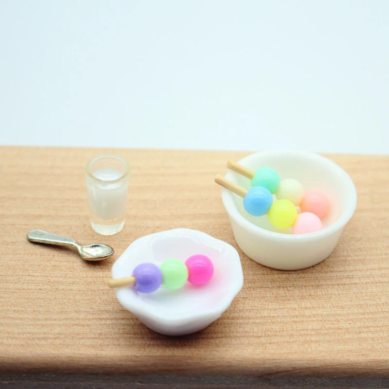 1/12 Dollhouse Fish Balls Bowl and Spoon Tableware Set Dollhouse Mini Food Accessories Dolls House Decorations Pretend Play Toys