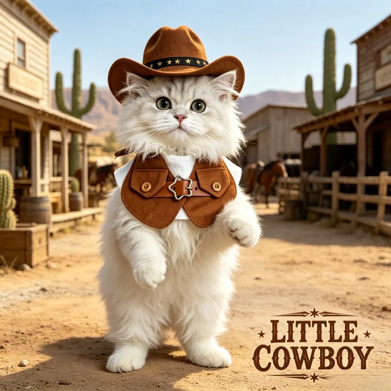 Pet Holiday Celebration Pet Denim Vest with Star Buckle Scarf and Western Style Hat for Small Dogs Cats Photo Prop
