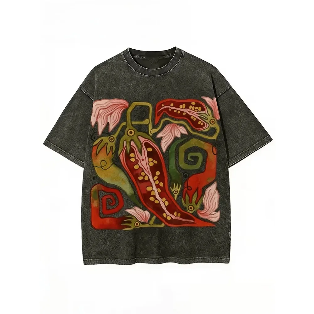 Premium Batik Washed Cotton Tee with Chili Dancing Print, Timeless Retro Fashion Top for Daily Street Style Matching.