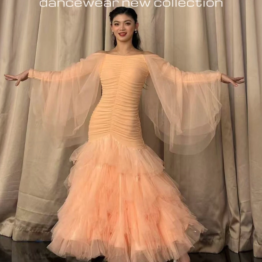 2026 Ballroom Dance Performance Clothes Women Pleated Long Sleeves Fluffy Yarn Dress Prom Waltz Dance Competition Dress BL19938