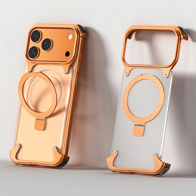 

Frameless Aluminum Alloy Acrylic Phone Case for iPhone Air 16 17 Pro Max with Metal 360 ° Rotating Stand