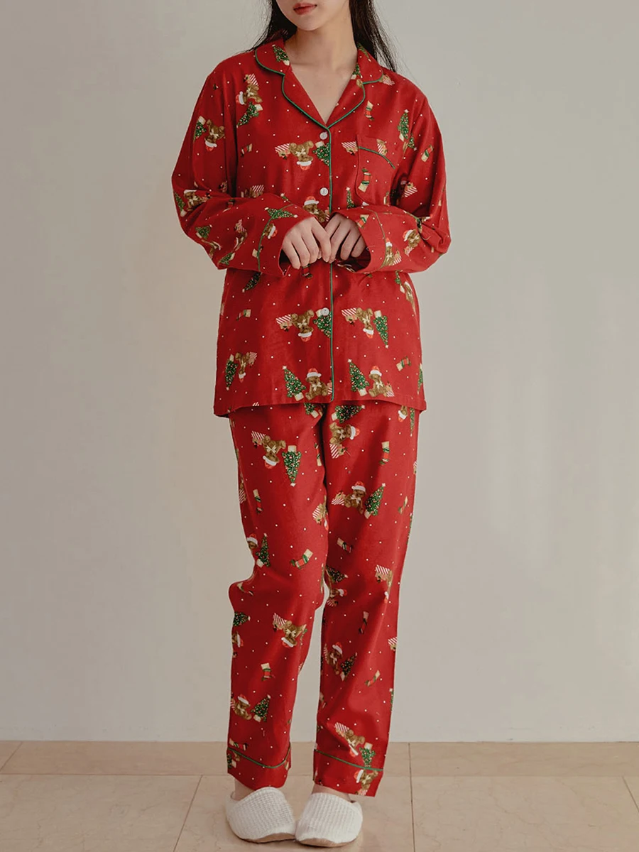 Women Christmas Pajama Set Tree Bear Print Long Sleeve Shirt with Pants Sleepwear Loungewear