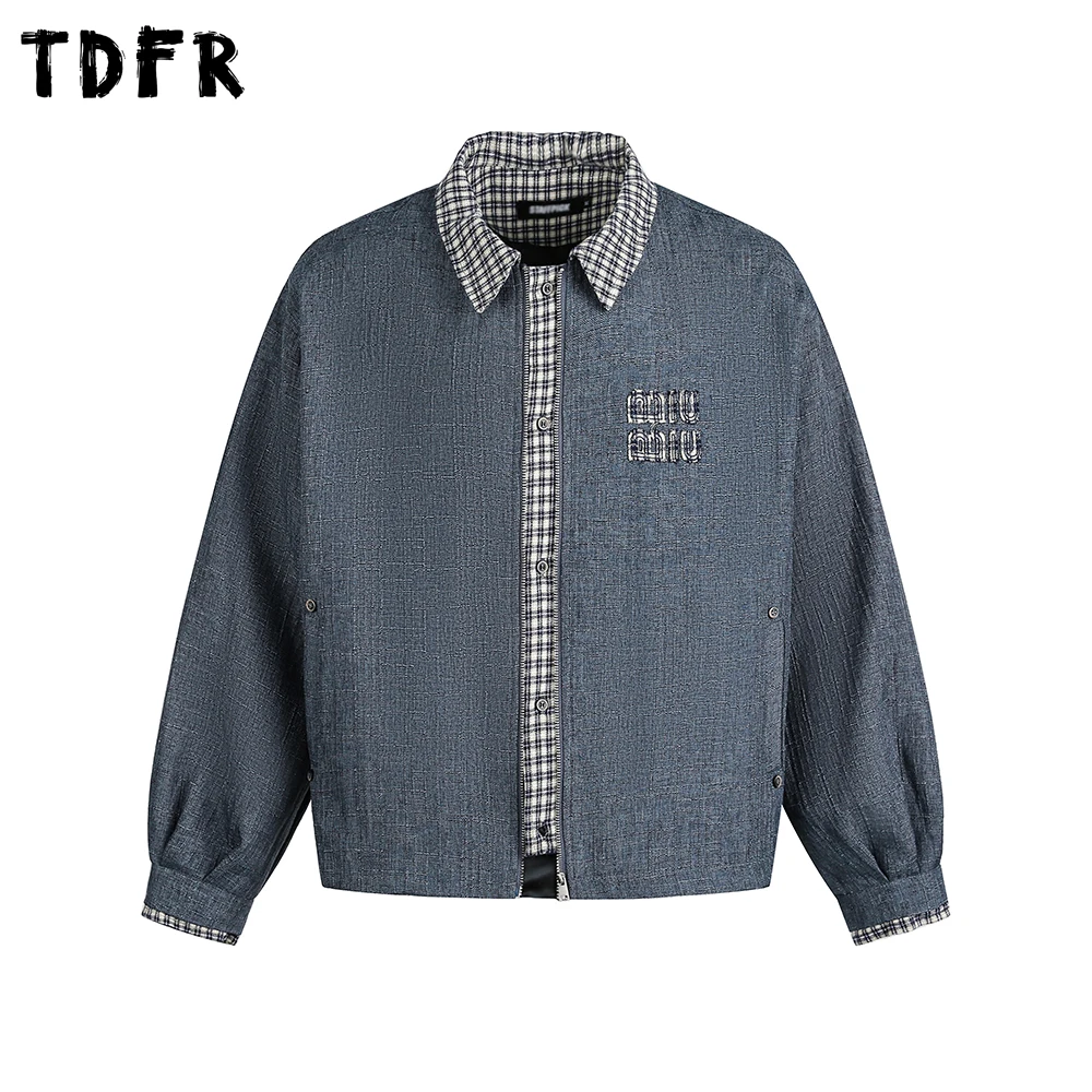 

Spliced Letter Long Sleeve Jacket Mens Pocket Autumn Retro Casual Loose Lapel Outerwear Man