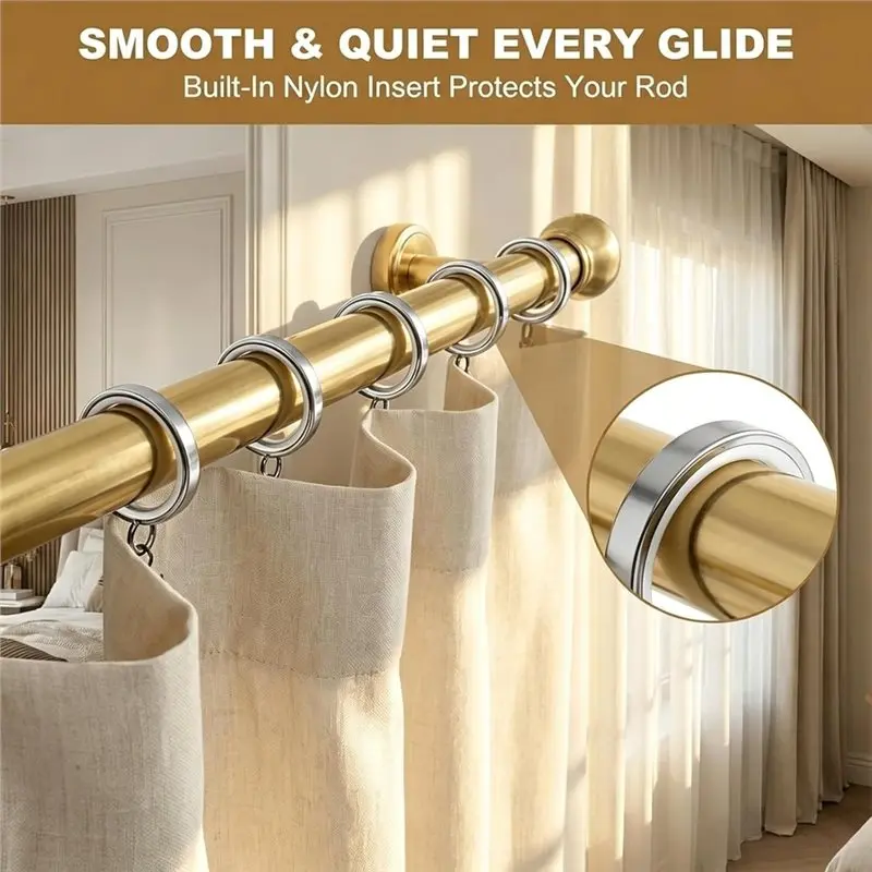 A19F-Premium 20 Pack Easy Glide Curtain Rings With Clips-Metal Drapery Rings Featuring Nylon Inserts, 2 Inch Diameter Gold