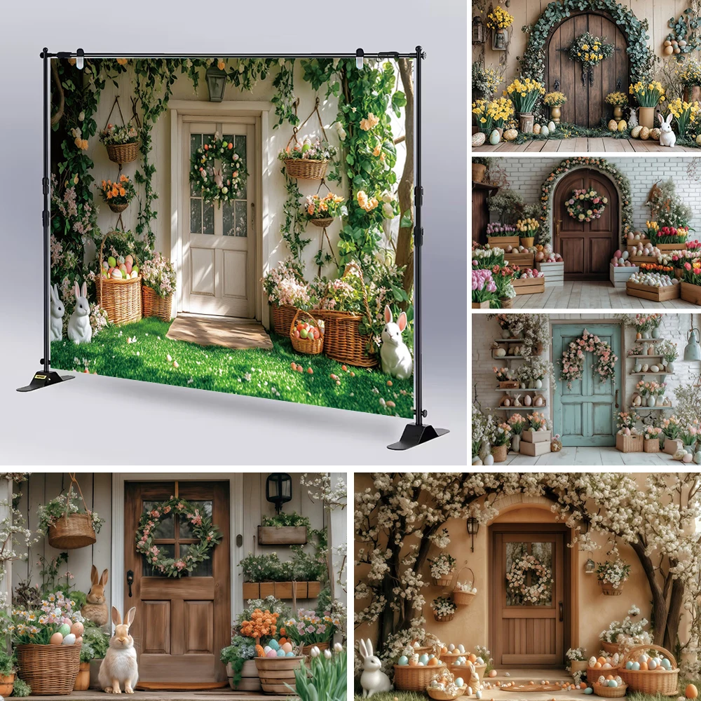 

Spring Easter Photography Backdrop Rustic Wooden Door Floor Rabbit Eggs Floral for Kids Family Portrait Photo Studio Background