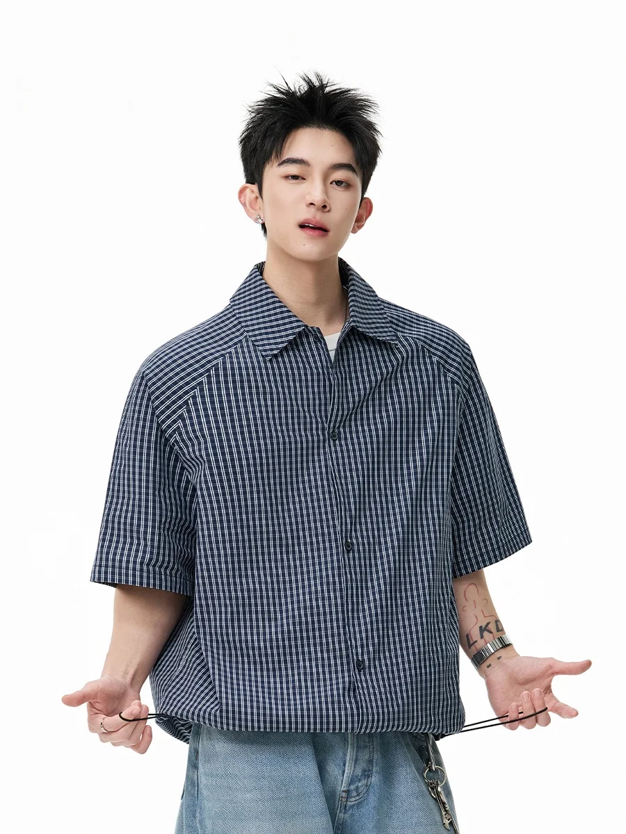 

Retro Japanese Blue Plaid ort Sve Men's irt Summer Loose Fit Casual Sle Polyester Fiber Full Print Button up Top
