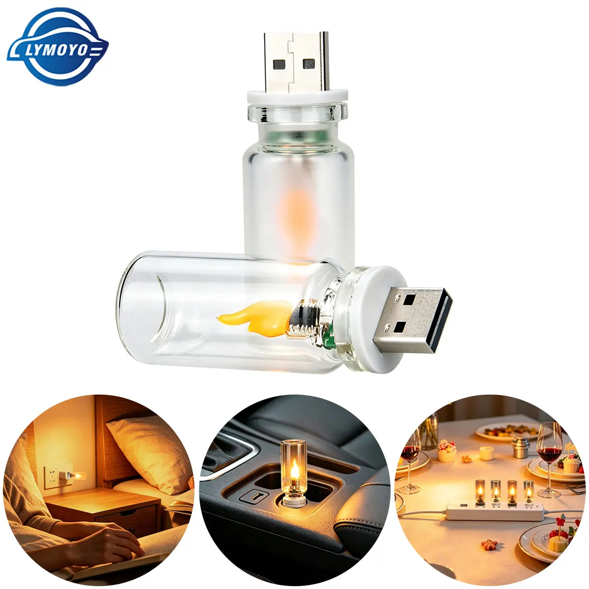 USB LED Glass Night Light LED Frosted Clear Glass Candle Night Light Simulated Flame Plug And Play Car Interior Decorative Light