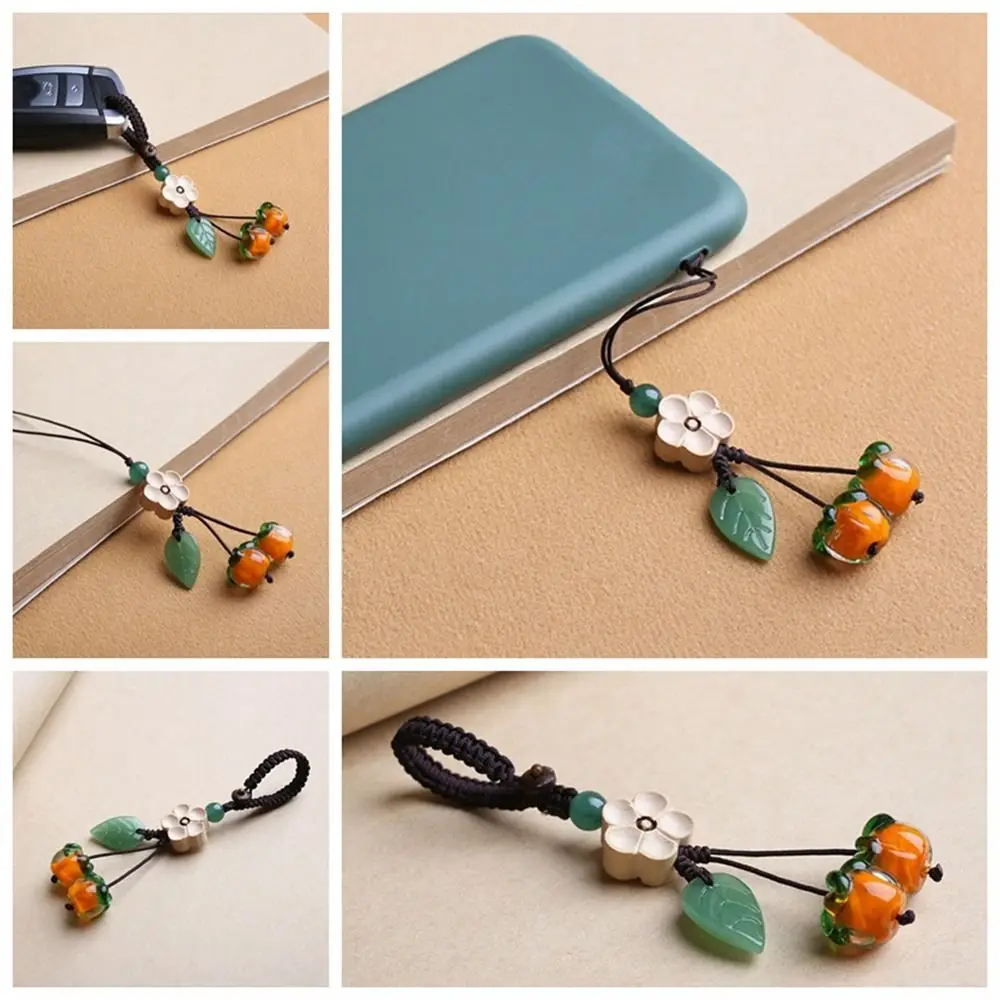 Persimmon Mobile Phone Chain Exquisite Fruit Vintage Phone Lanyards Orange Coloured Glaze Cellphone Pendant Phone Hanging