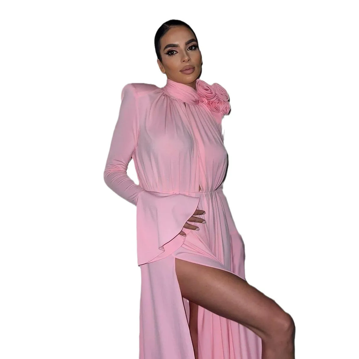 Loose Fit Seam Gown Mid Waist Elegant and Refined with Floral Embellishment Long Sleeve Asymmetrical Hem Dress Summer for Women