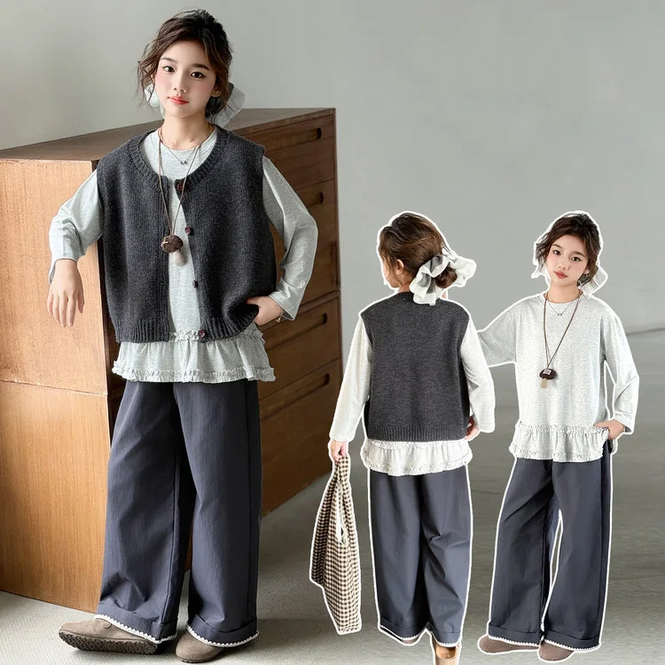 

Детский комплект из 3 предметов для девочек, осенняя корейская однотонная майка + однобортный вязаный жилет + лоскутные широкие брюки, наряд для девочек-подростков
