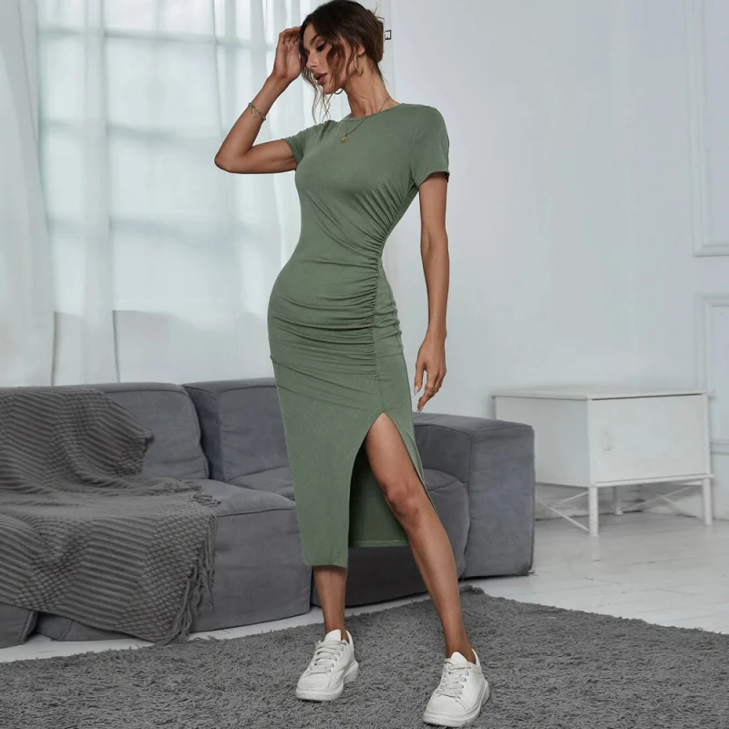 

YQ1-2026Women's Round Neck Pullover Waist-Cinching Slit Short Sleeve Bodycon Dress Mid-Length Dress