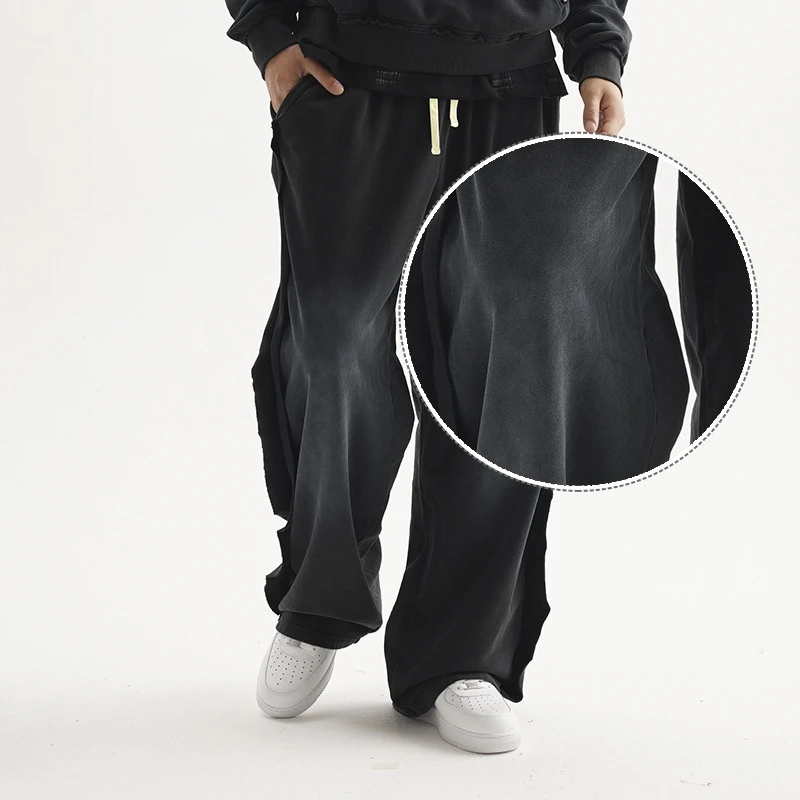 Mens American Street Trend Spray Wash Trousers High Quality Loose Fit Distressed Edge Patchwork Casual Pants