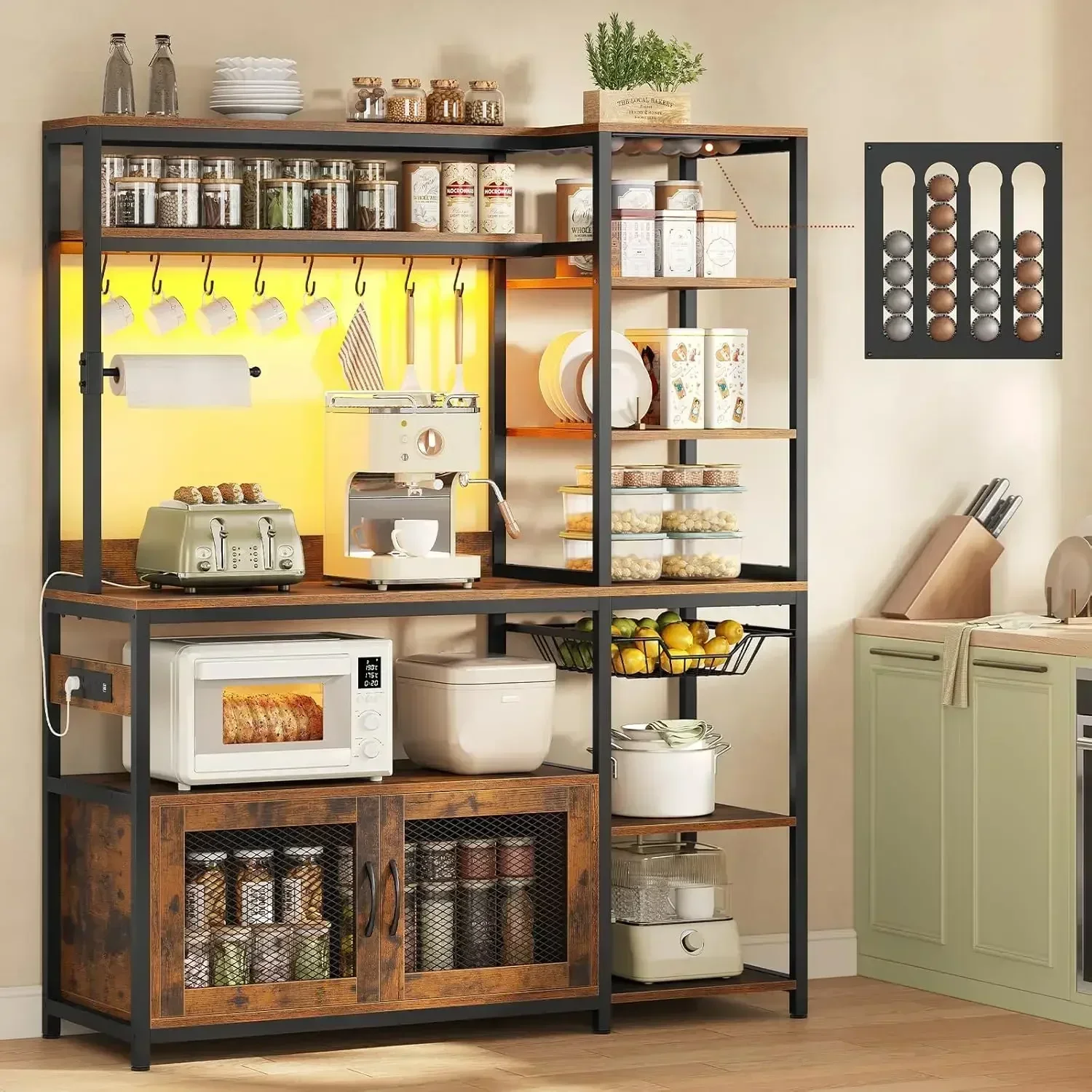 Hot salesHigh-End 47.2 In Bakers Rack With Power Outlet & LED Light, Coffee Bar With Coffee Pod Holder For Vetuo, Kitchen Microw