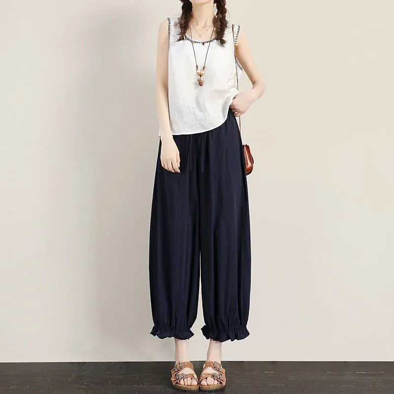 Women's Summer Thin Bouffant Lantern Pants Loose Slimming Trendy Breathable Cuffed Casual Pants Asymmetrical Pure Color Q246