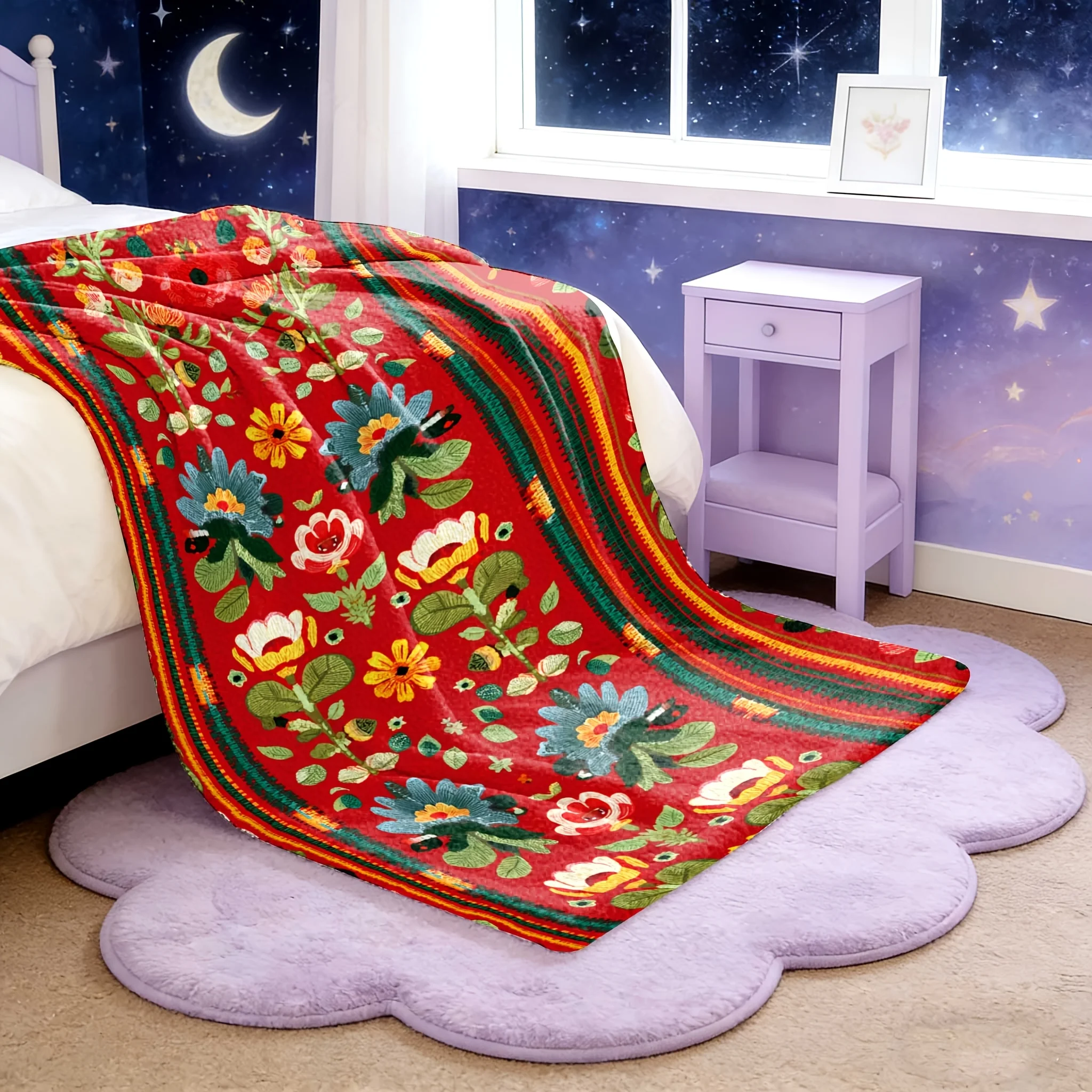 1pc Flannel Blanket, Bohemian Mandala Floral Pattern in Red and Yellow, 2D Printed Throw, Camping Blanket for Birthday/Holiday G
