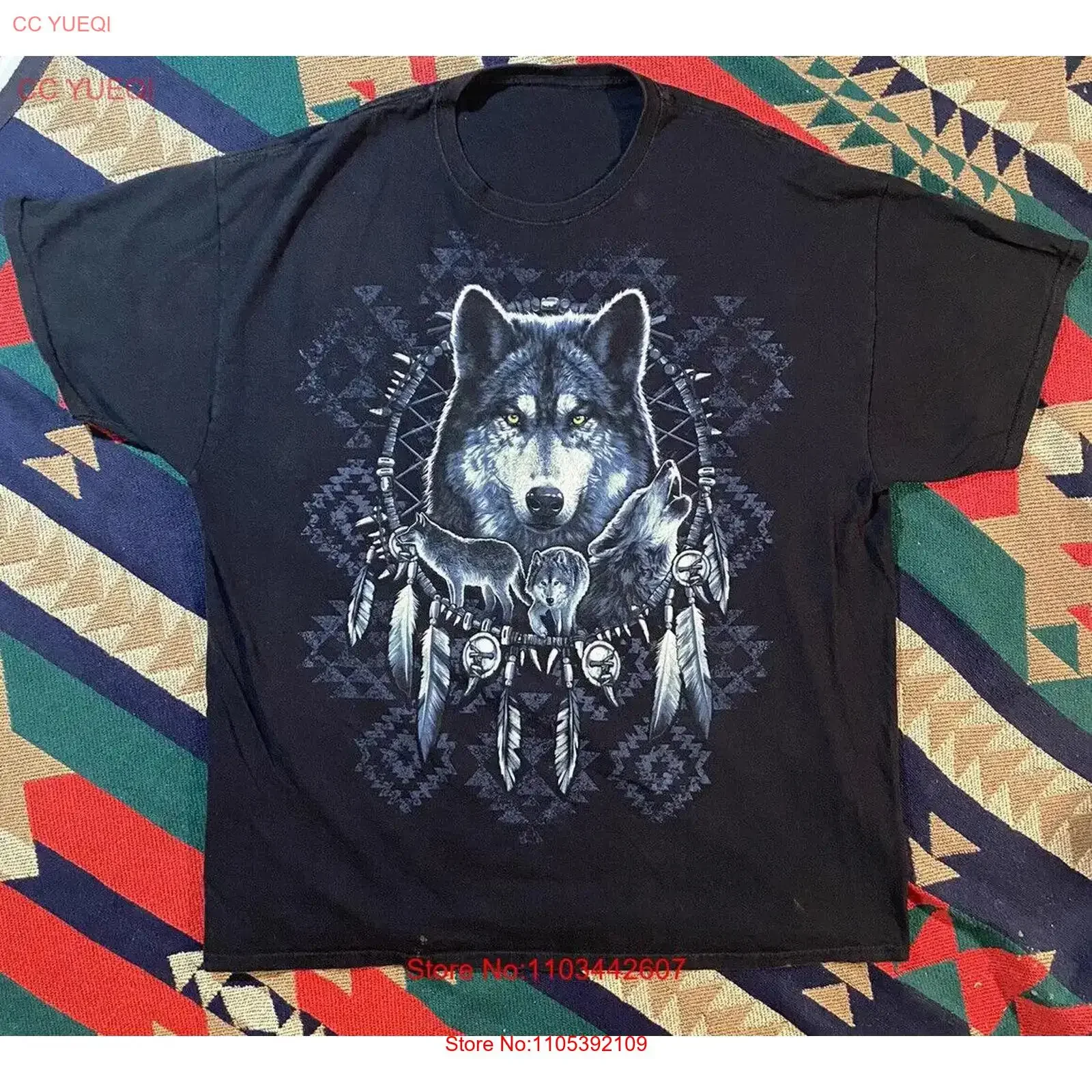 Vtg Wolf Pack Dream Catcher T Shirt Size L Y2K Street Urban Animal Print vintage Washed Casual Breathable streetwear