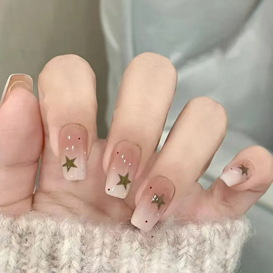 24枚入りグリッターキャットアイプレスオンネイル、スイートグロッシーピンクフレンチフェイクネイル、女の子女性用アクリルウェアラブルピュアつけ爪ツール