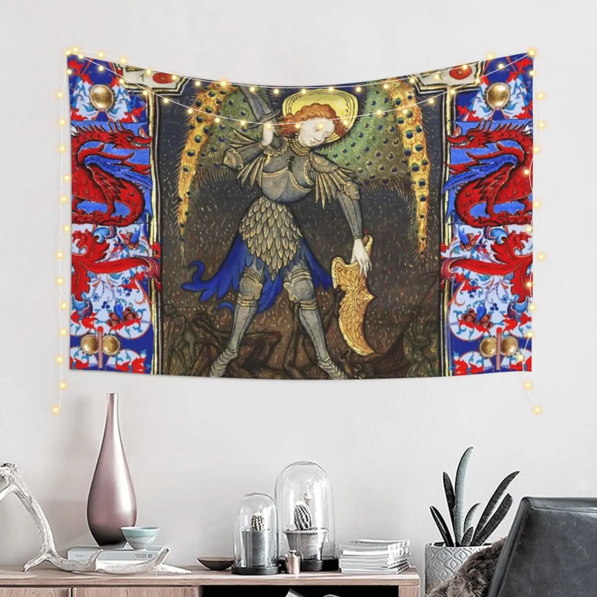 ST. MICHAEL ARCHANGEL COMBATTING DEVIL AND RED DRAGONS Medieval Miniature Tapestry Bedrooms Decorations Tapestry