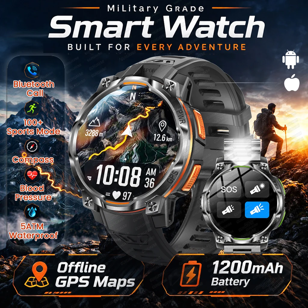 2026 New Tactical Fitness GPS Map Smart Watch Men 1200mAh Large Battery Compass Altimeter BT Call Waterproof 1.46